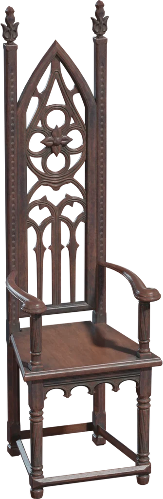 Reference photo: a tall gothic wooden chair with a pointed arch, a rose and tracery in its back