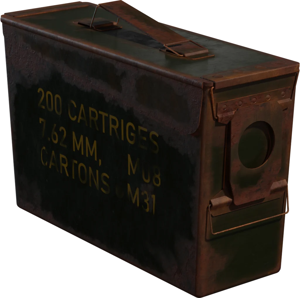 Reference photo: a rusted olive-green ammunition box with a yellow stencil reading 200 CARTRIGES 7.62 MM